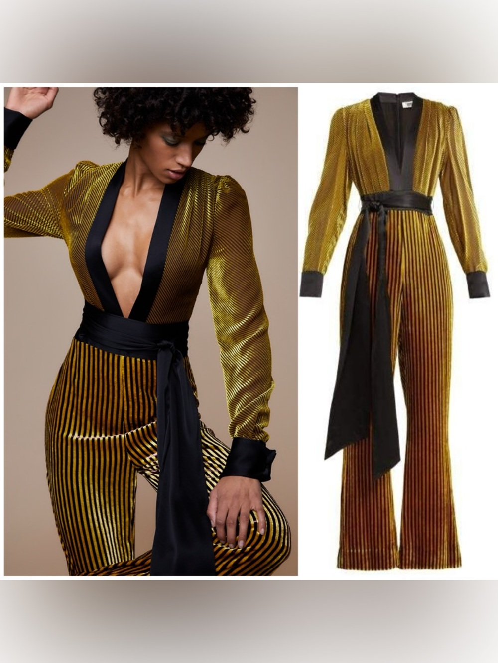 Diane von Furstenberg Gold Velvet Plisse Wrap Jumpsuit